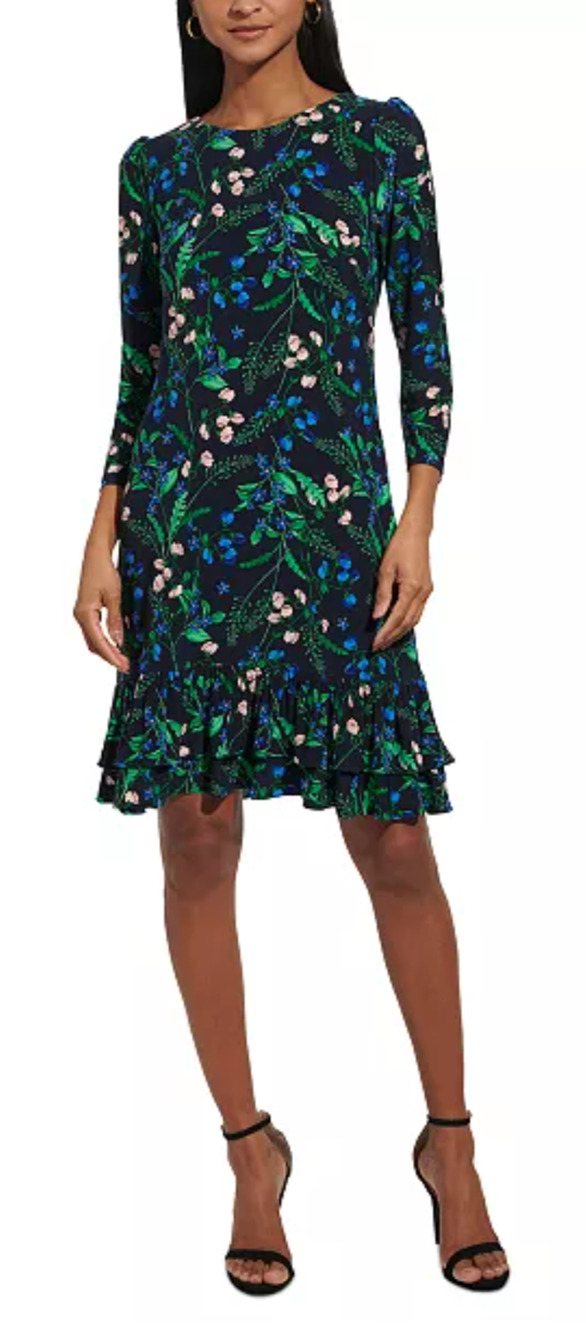 New Tommy Hilfiger dark floral tiered ruffle hem jersey knit dress Size 6 Boho